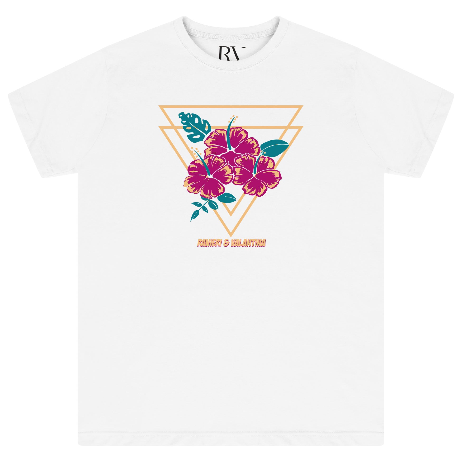 White oversized women’s T-shirt featuring a large pink-and-red gumamela (hibiscus) flower graphic printed on the chest, classic round neckline, and short sleeves.