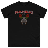 Black oversized women’s T-shirt featuring the classic Guns &amp; Roses logo printed in red, yellow, and white on the chest, with a round neckline and short sleeves.