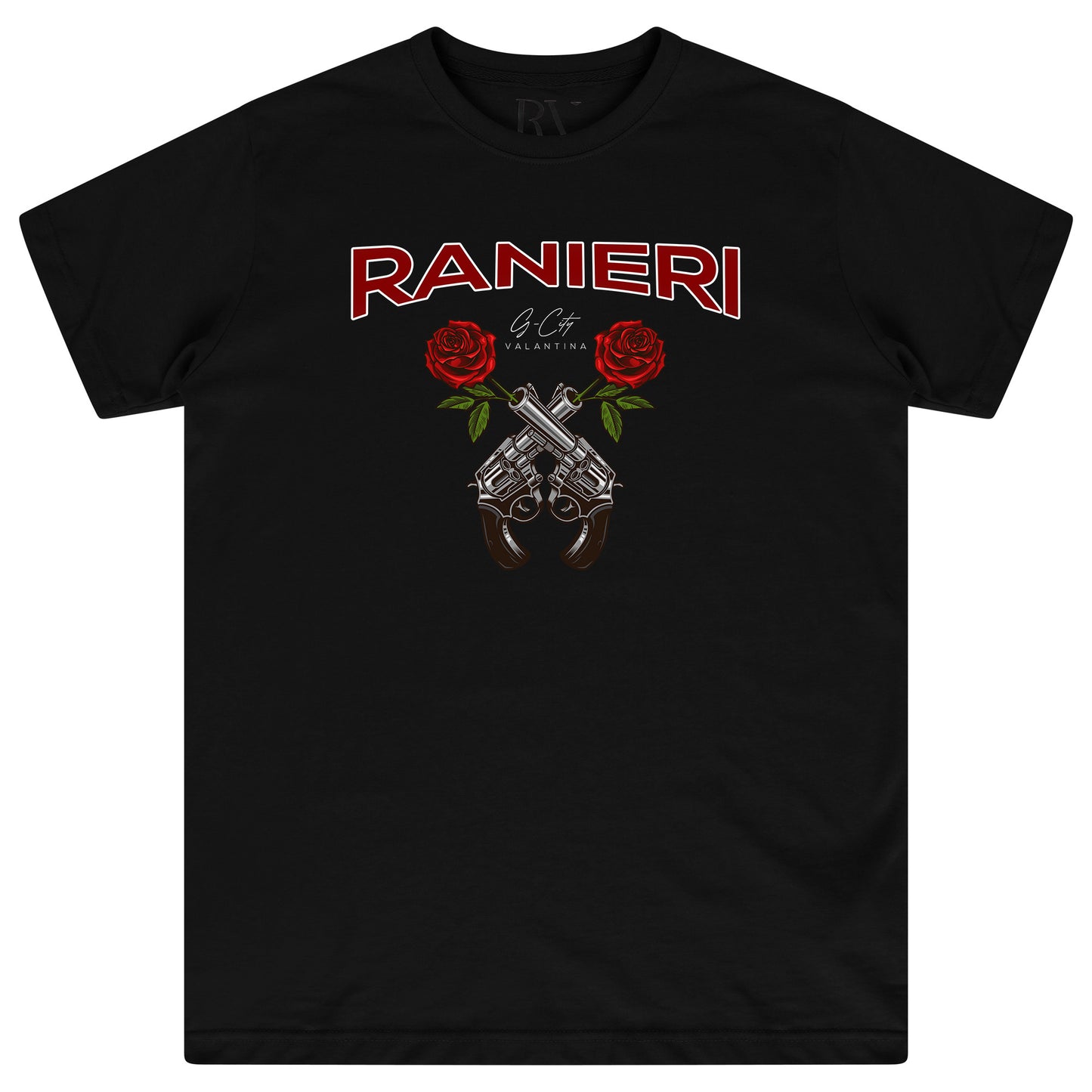 Black oversized women’s T-shirt featuring the classic Guns &amp; Roses logo printed in red, yellow, and white on the chest, with a round neckline and short sleeves.