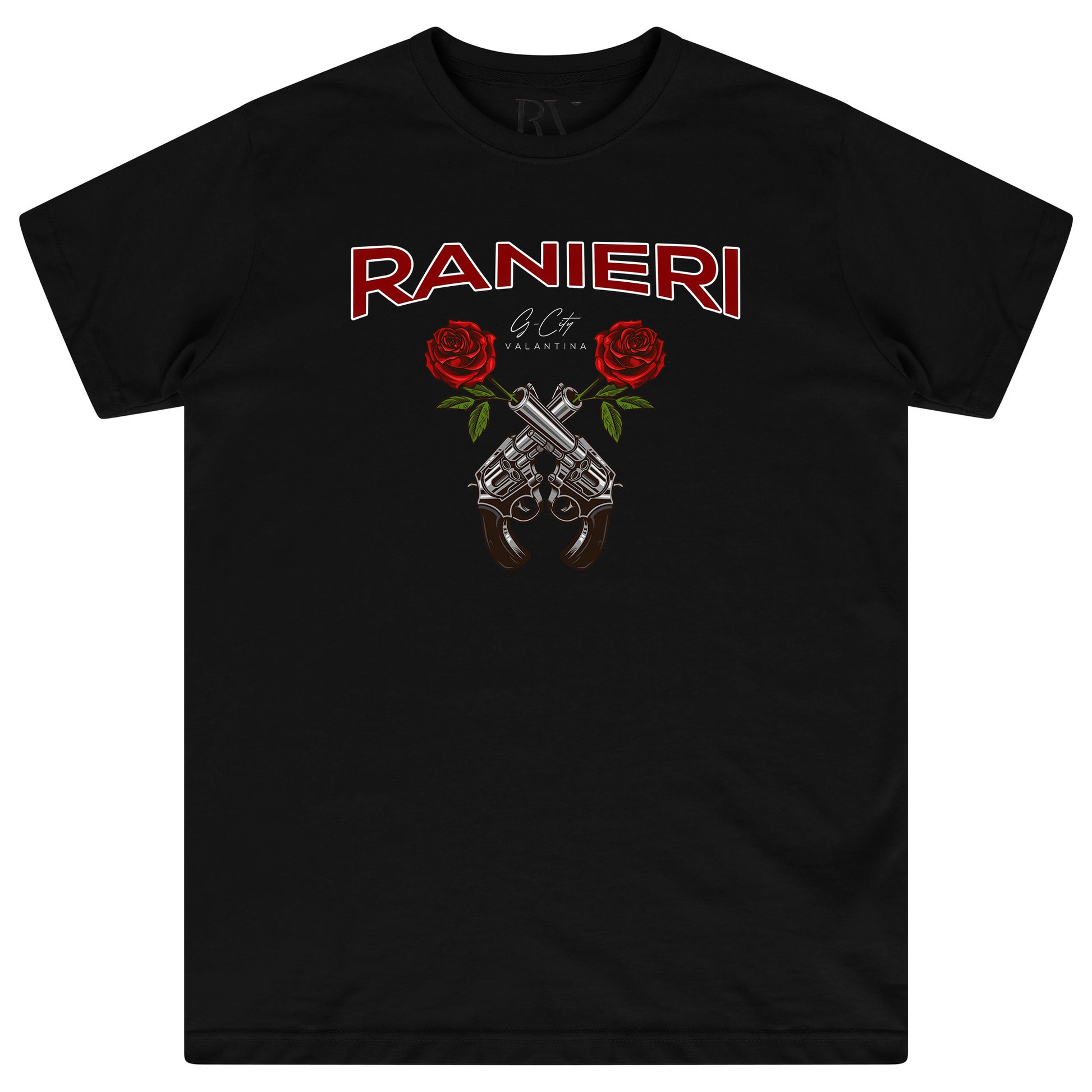 Black oversized women’s T-shirt featuring the classic Guns &amp; Roses logo printed in red, yellow, and white on the chest, with a round neckline and short sleeves.