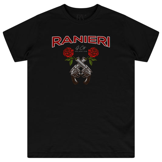 Black oversized women’s T-shirt featuring the classic Guns &amp; Roses logo printed in red, yellow, and white on the chest, with a round neckline and short sleeves.