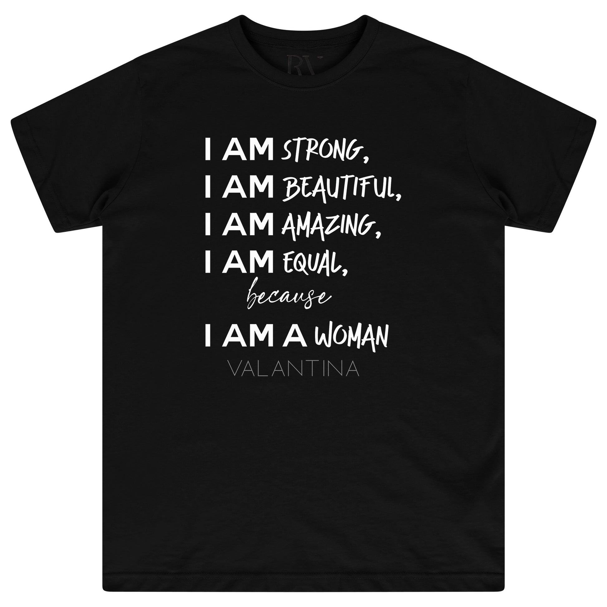Black oversized women’s T-shirt featuring bold white “I AM A WOMAN” text printed across the chest, classic round neckline, and short sleeves.