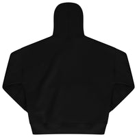 Laid-flat black oversized hoodie showing a plain back, dropped shoulders, hood, ribbed trims, and relaxed silhouette.