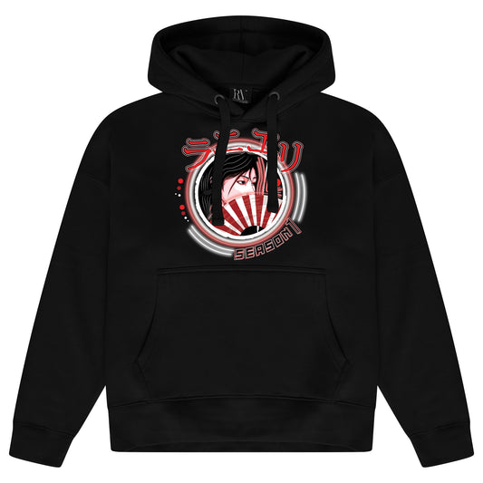 Black oversized women’s hoodie featuring a large Japanese-inspired graphic printed on the chest, adjustable drawstring hood, long sleeves, ribbed cuffs, and ribbed hem.