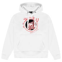 White oversized women’s hoodie featuring a bold Japanese-inspired graphic printed on the chest, adjustable drawstring hood, long sleeves, ribbed cuffs, and ribbed hem.