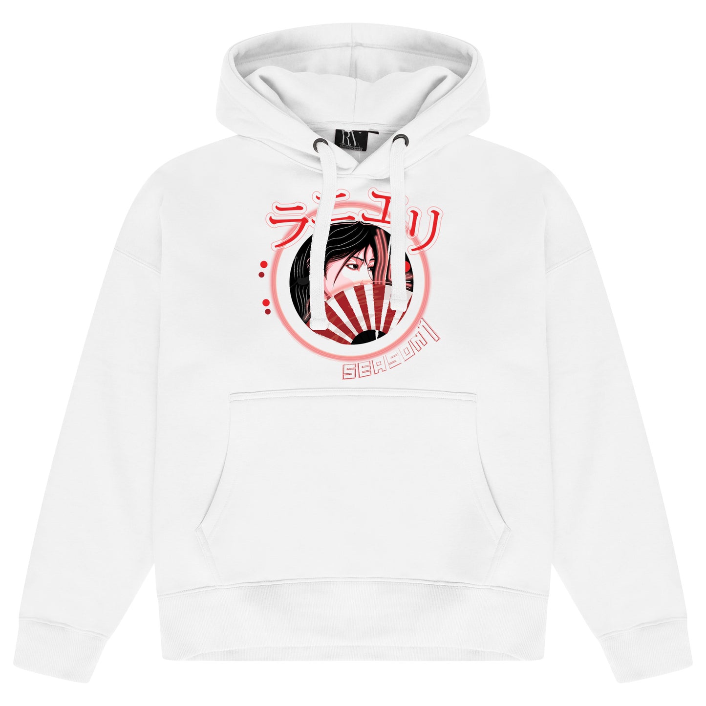 White oversized women’s hoodie featuring a bold Japanese-inspired graphic printed on the chest, adjustable drawstring hood, long sleeves, ribbed cuffs, and ribbed hem.