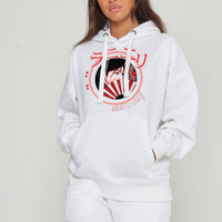 Woman wearing the white Japanese Lady Season 1 Hoodie styled with casual bottoms, highlighting the front graphic, relaxed fit, and hoodie details.