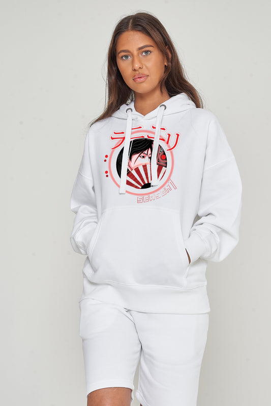Woman wearing the white Japanese Lady Season 1 Hoodie styled with casual bottoms, highlighting the front graphic, relaxed fit, and hoodie details.