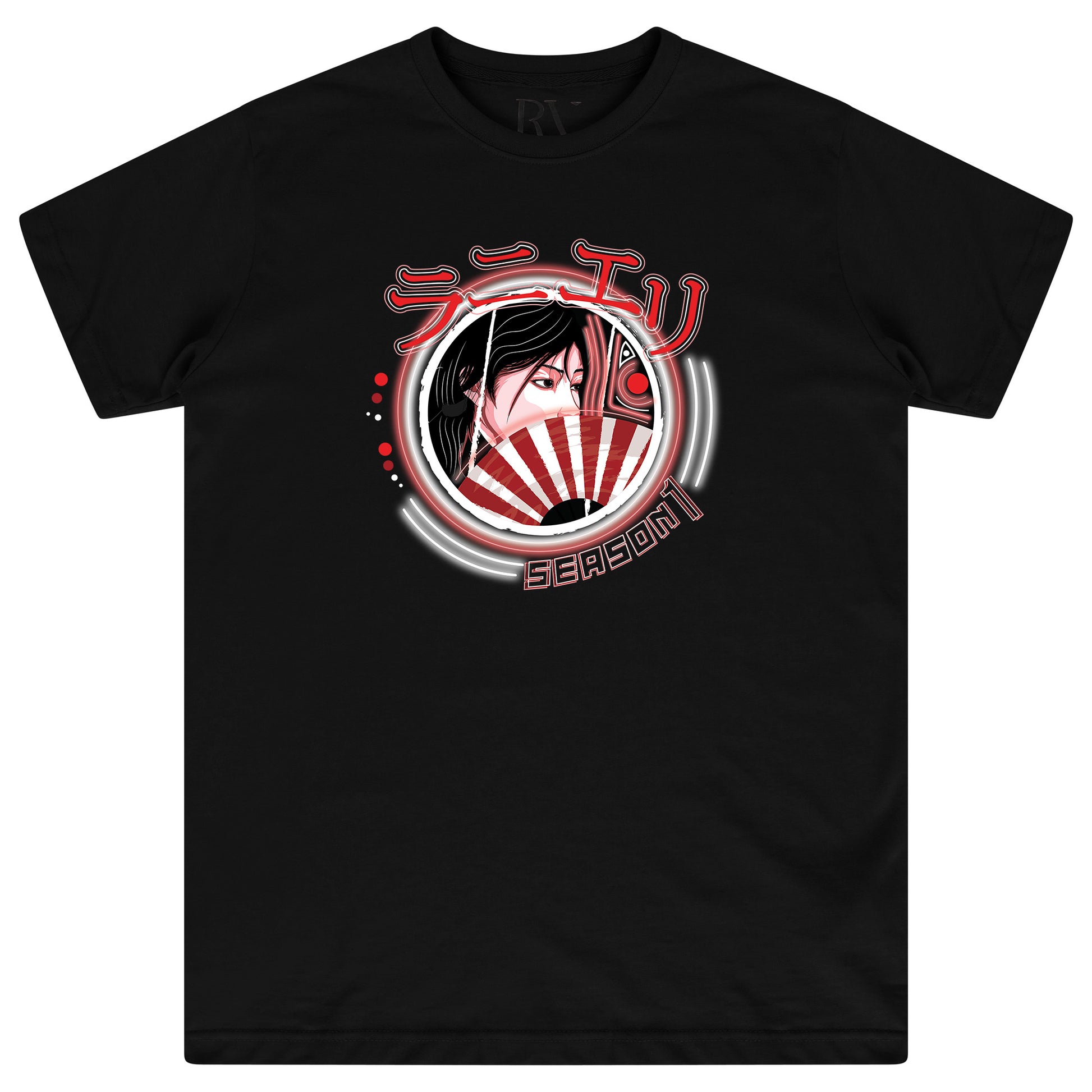 Black oversized women’s T-shirt featuring a detailed Japanese-inspired artwork printed centrally on the chest, classic round neckline, and short sleeves.