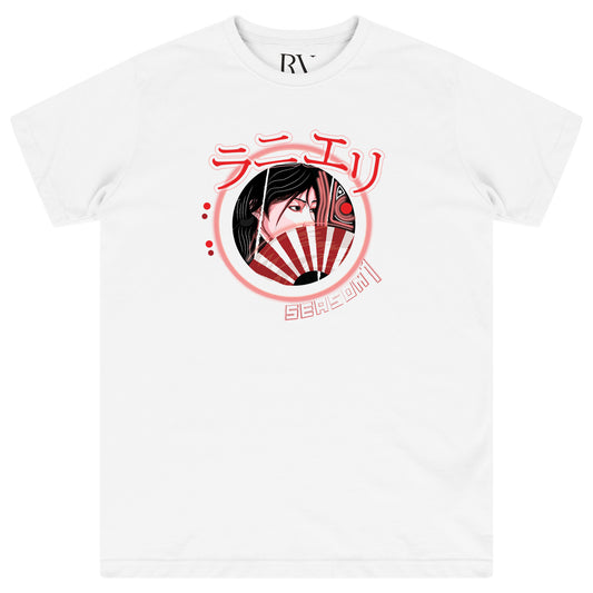 White oversized women’s T-shirt featuring a large black-and-red Japanese-inspired graphic printed centrally on the chest, classic round neckline, and short sleeves.