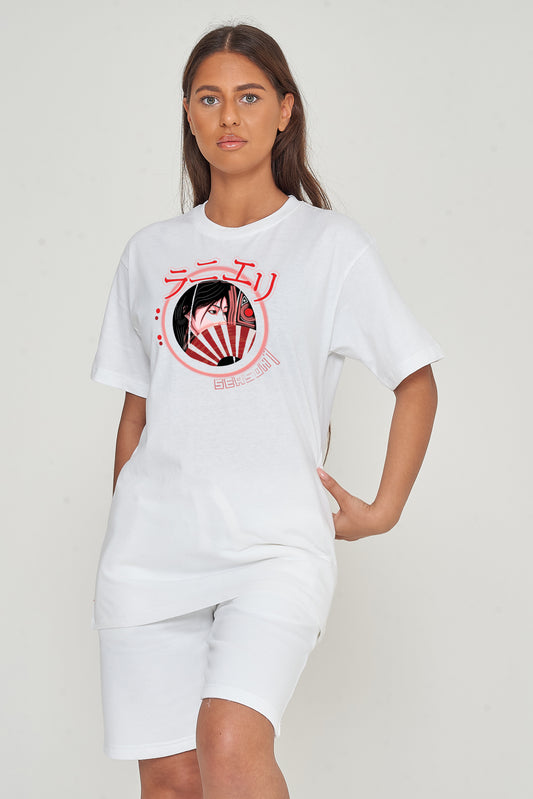 Woman wearing the Japanese Lady Season 1 Oversized T-Shirt styled with matching bottoms, highlighting the bold front artwork and relaxed oversized fit.