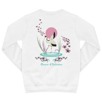 White Japanese Waters sweatshirt with artistic back print featuring a minimal floral and water motif.