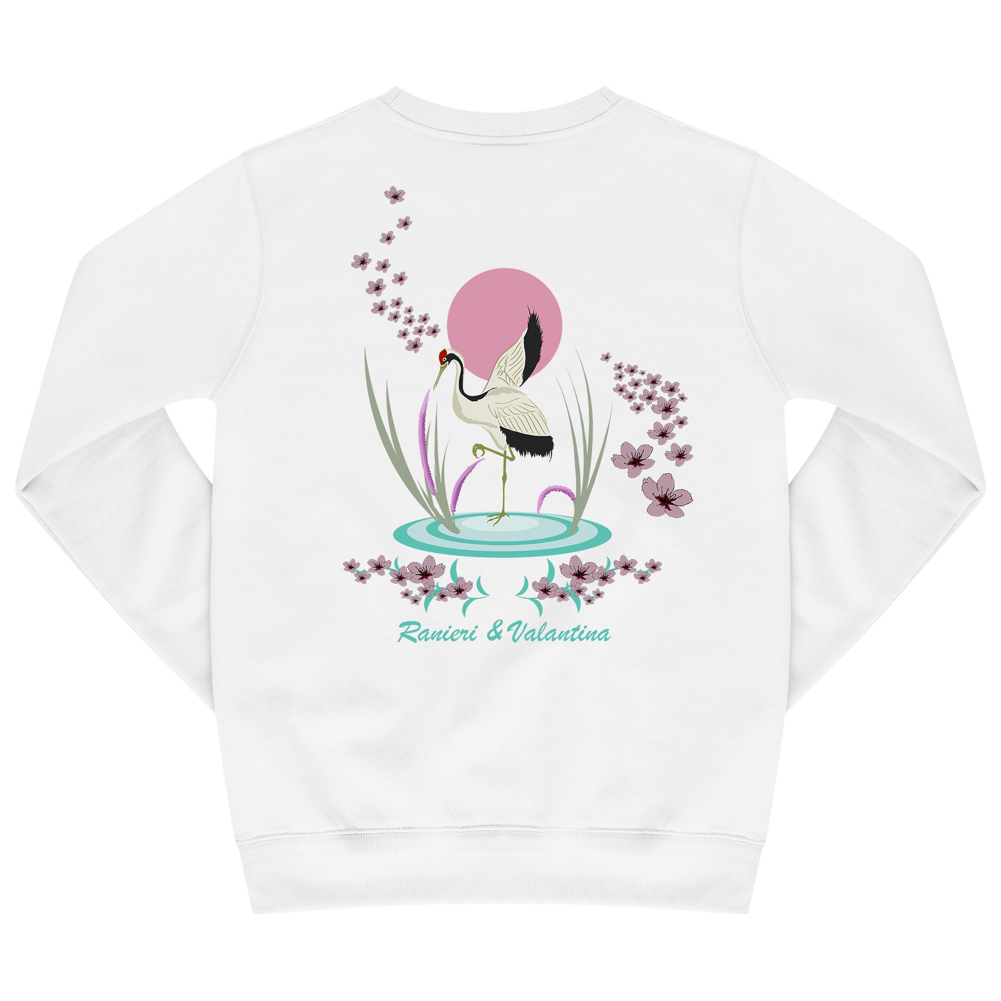 White Japanese Waters sweatshirt with artistic back print featuring a minimal floral and water motif.