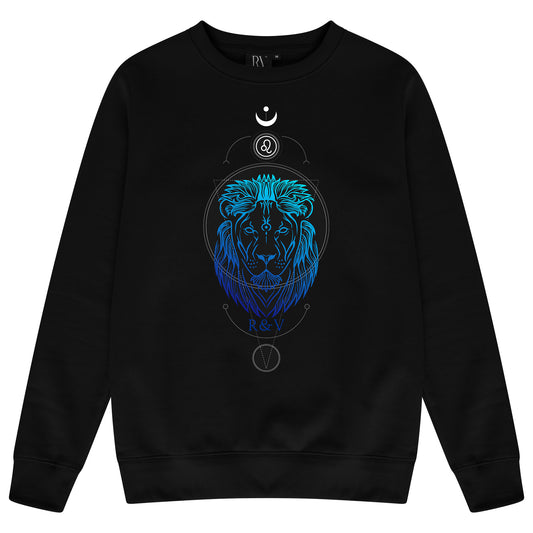 Black men’s sweatshirt with blue Leo print graphic on the front laid flat.