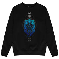 Black women’s sweatshirt featuring a bold white “LEO” text graphic printed on the chest, classic round crewneck, full-length sleeves, and ribbed cuffs and hem.
