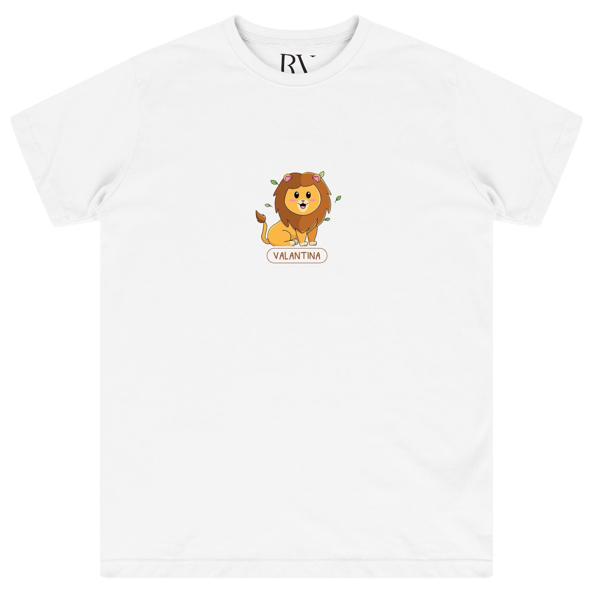 White oversized women’s T-shirt featuring a large, bold lion graphic prominently printed on the front chest, with a classic round neckline and short sleeves. 