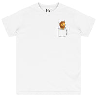 White oversized women’s T-shirt featuring a subtle lion graphic printed near the front pocket area, classic round neckline, and short sleeves. 