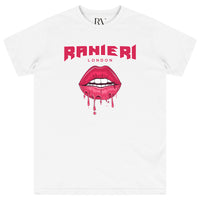 White oversized women’s T-shirt featuring a bold black lip graphic with drip effect printed centrally on the chest, classic round neckline, and short sleeves.