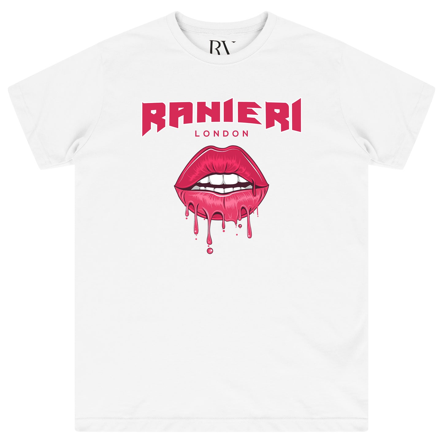 White oversized women’s T-shirt featuring a bold black lip graphic with drip effect printed centrally on the chest, classic round neckline, and short sleeves.