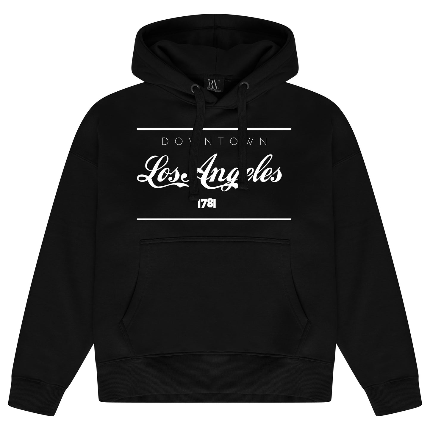Black oversized women’s hoodie featuring a bold Los Angeles graphic printed centrally on the chest, with an adjustable drawstring hood, ribbed cuffs, and hem. 