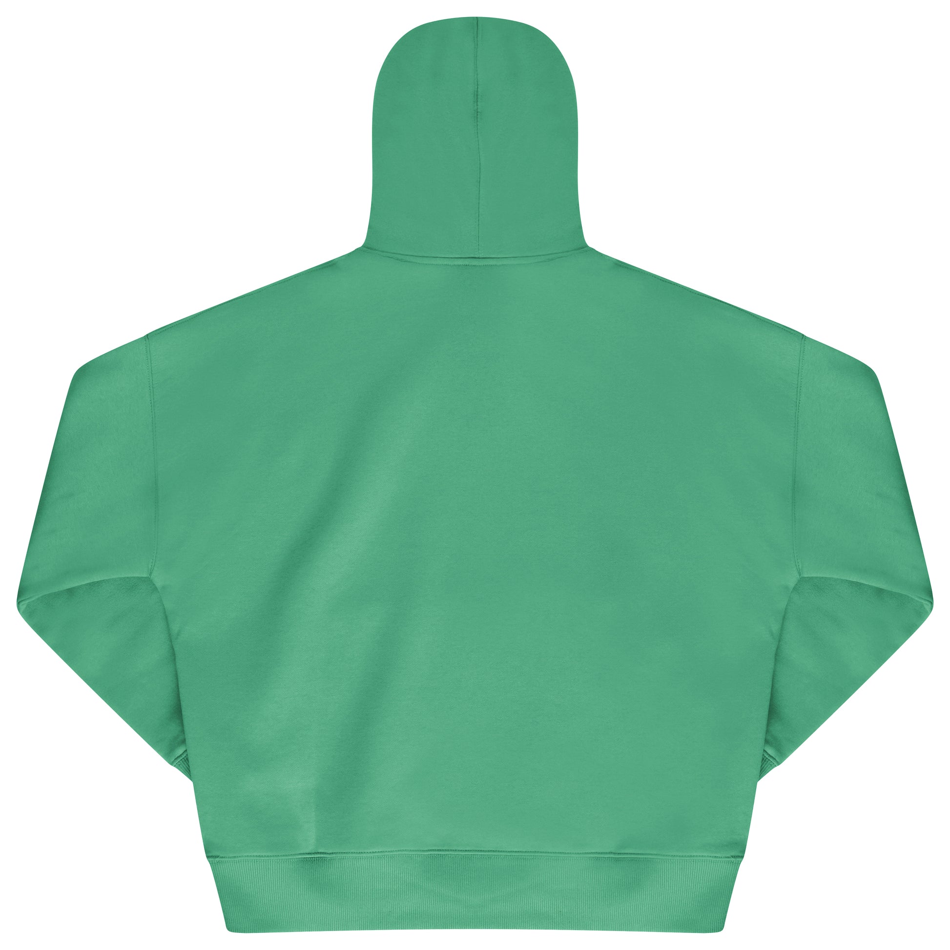 Laid-flat green hoodie showing the plain back, ribbed cuffs and hem, and relaxed oversized fit silhouette.