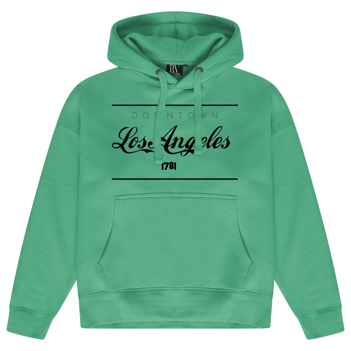 Green oversized women’s hoodie featuring a bold Los Angeles graphic printed on the front, adjustable drawstring hood, long sleeves, and ribbed cuffs and hem.