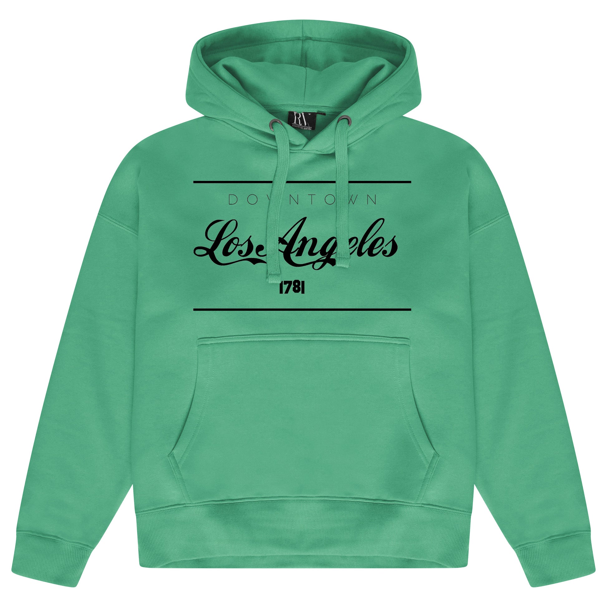 Green oversized women’s hoodie featuring a bold Los Angeles graphic printed on the front, adjustable drawstring hood, long sleeves, and ribbed cuffs and hem.