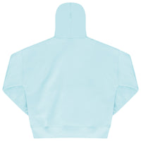 Laid-flat turquoise hoodie showing the plain back, ribbed trims, and relaxed oversized fit silhouette.