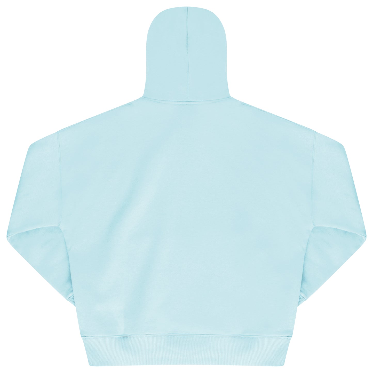 Laid-flat turquoise hoodie showing the plain back, ribbed trims, and relaxed oversized fit silhouette.