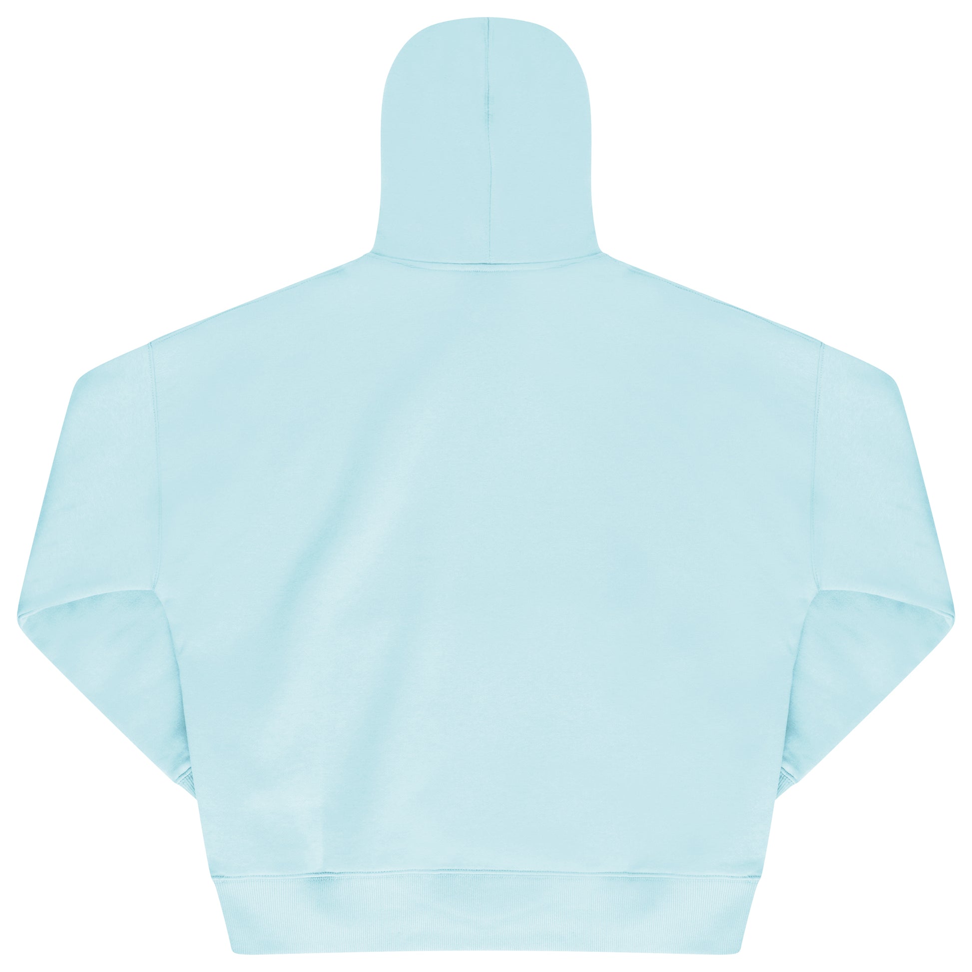 Laid-flat turquoise hoodie showing the plain back, ribbed trims, and relaxed oversized fit silhouette.