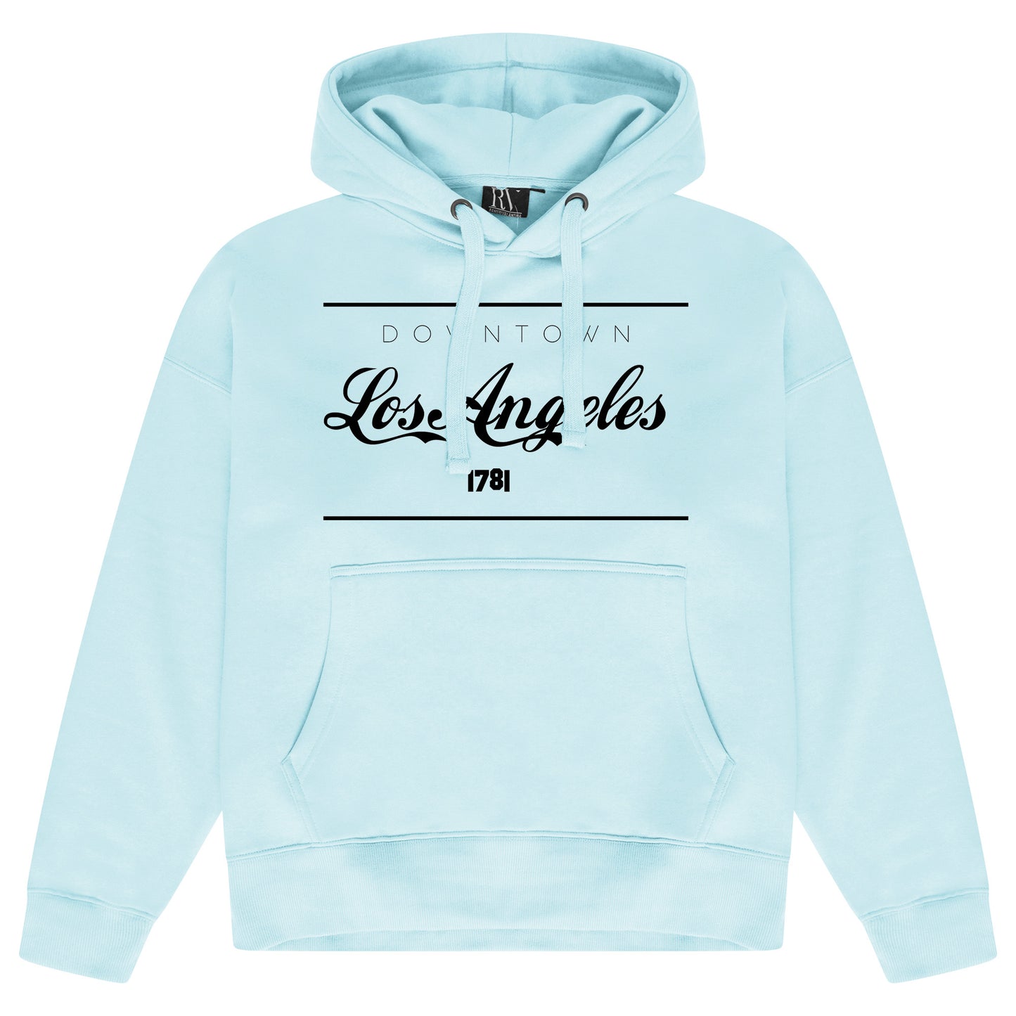 Turquoise blue oversized women’s hoodie featuring a prominent Los Angeles graphic on the chest, adjustable drawstring hood, long sleeves, and ribbed cuffs and hem.