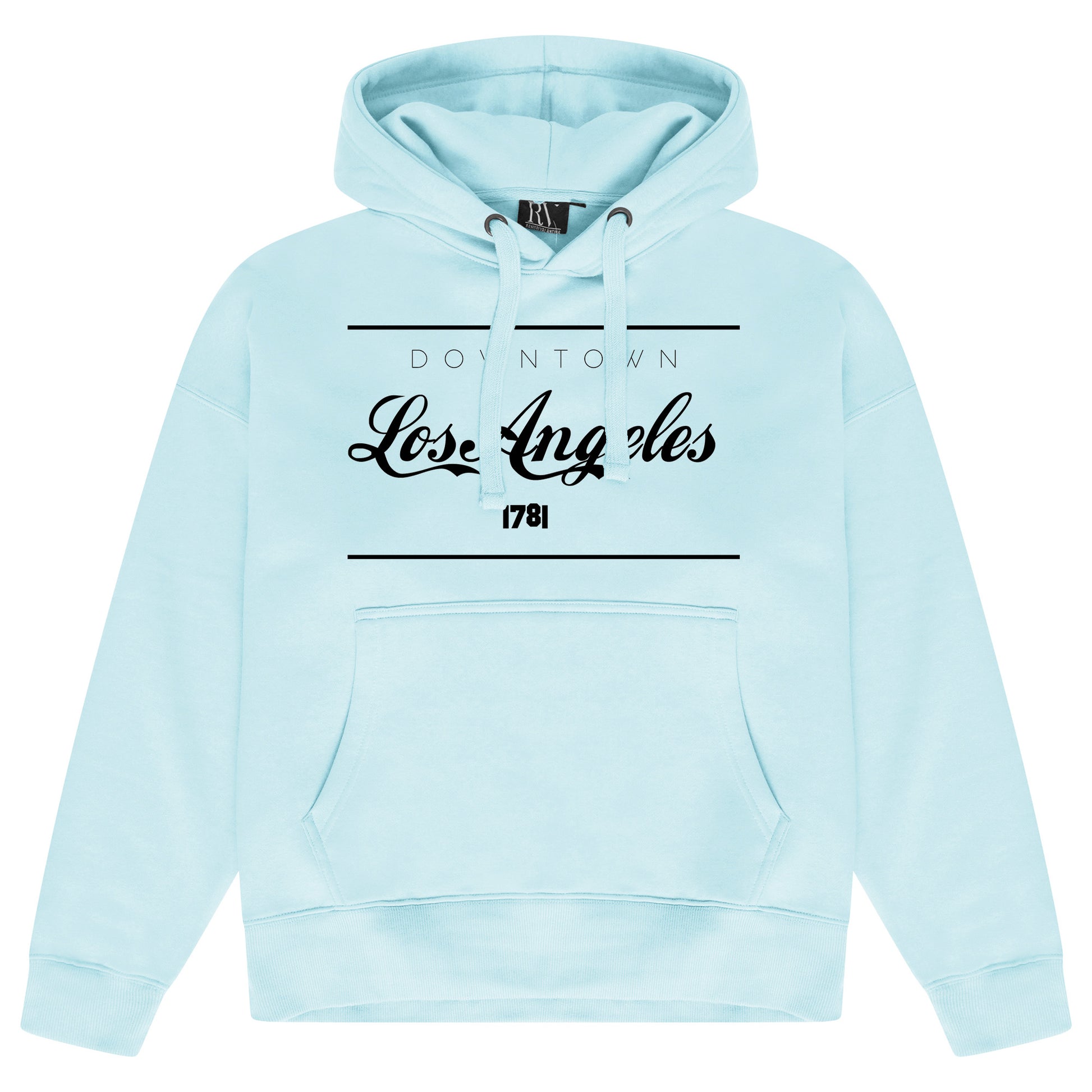 Turquoise blue oversized women’s hoodie featuring a prominent Los Angeles graphic on the chest, adjustable drawstring hood, long sleeves, and ribbed cuffs and hem.