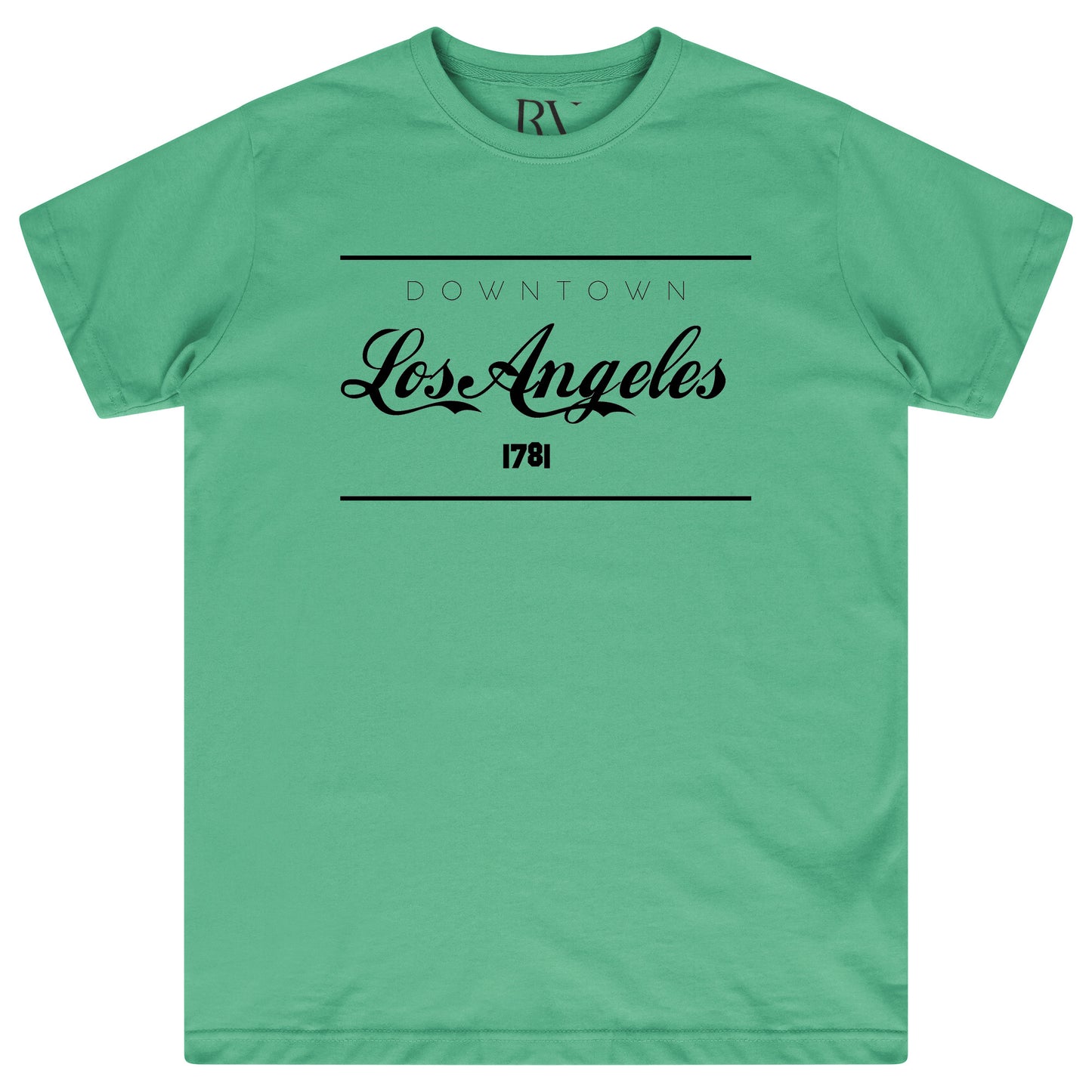 Green oversized women’s T-shirt featuring a bold white “Los Angeles” graphic printed prominently on the chest, classic round neckline, and short sleeves.