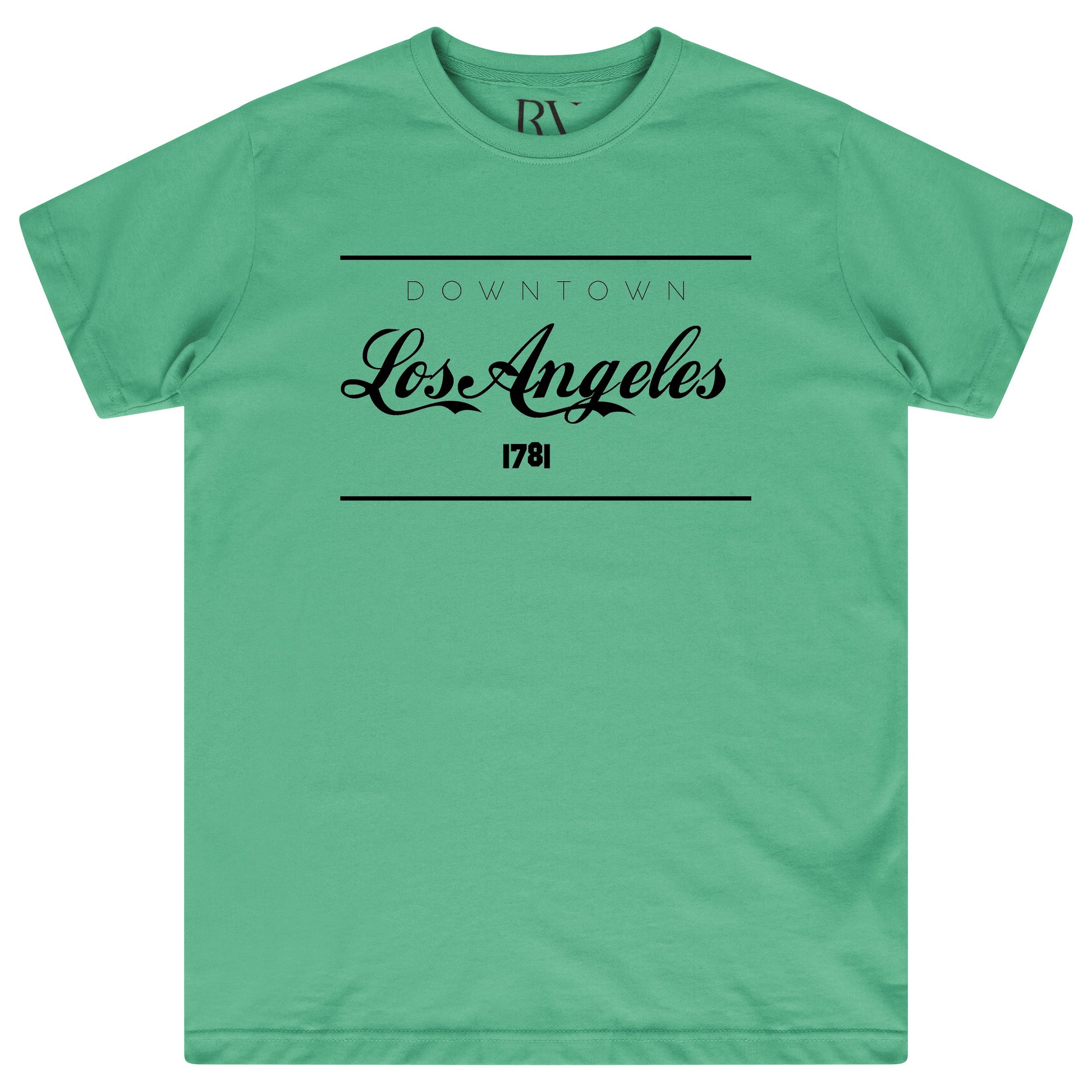 Green oversized women’s T-shirt featuring a bold white “Los Angeles” graphic printed prominently on the chest, classic round neckline, and short sleeves.