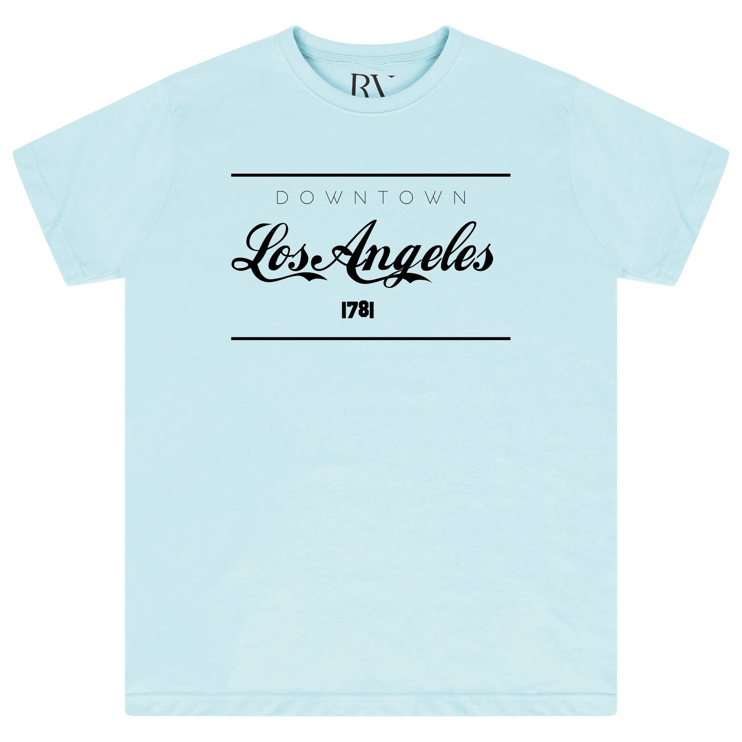 Turquoise oversized women’s T-shirt featuring a bold “Los Angeles” graphic printed prominently across the front, classic round neckline, and short sleeves.