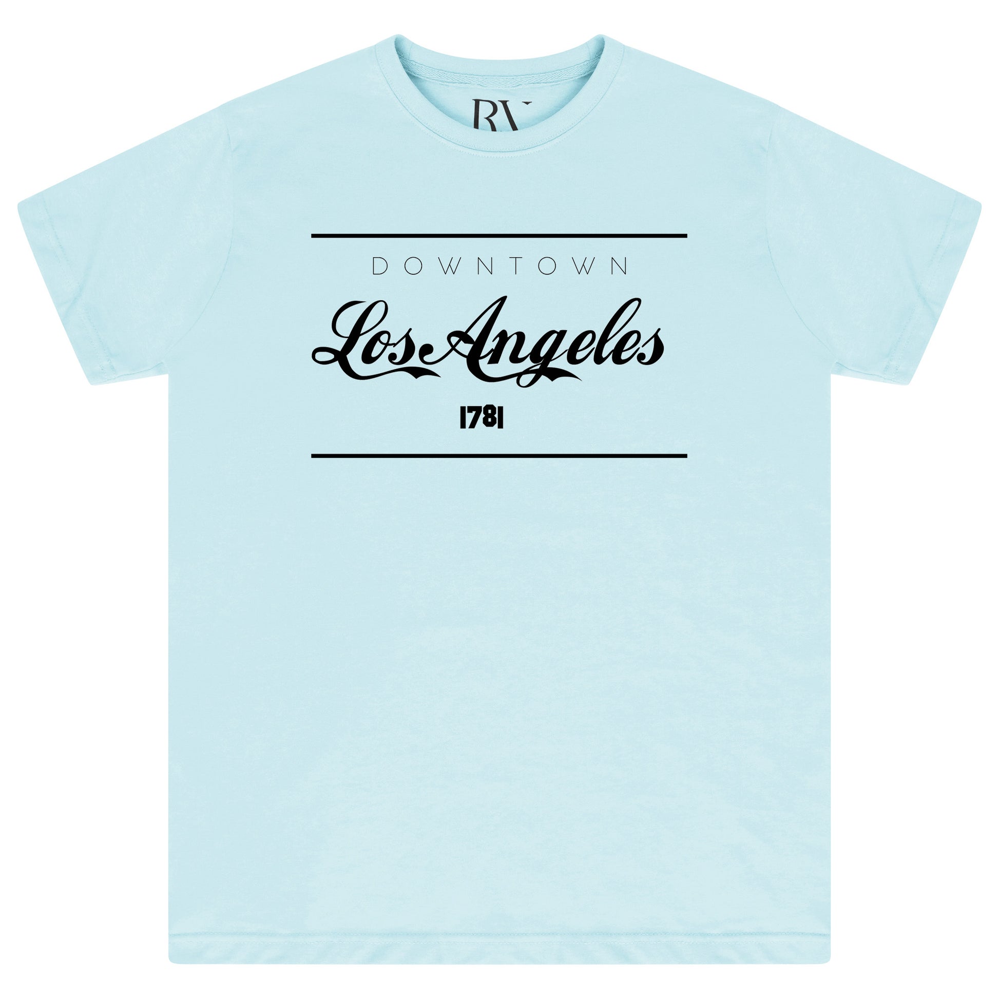 Turquoise oversized women’s T-shirt featuring a bold “Los Angeles” graphic printed prominently across the front, classic round neckline, and short sleeves.