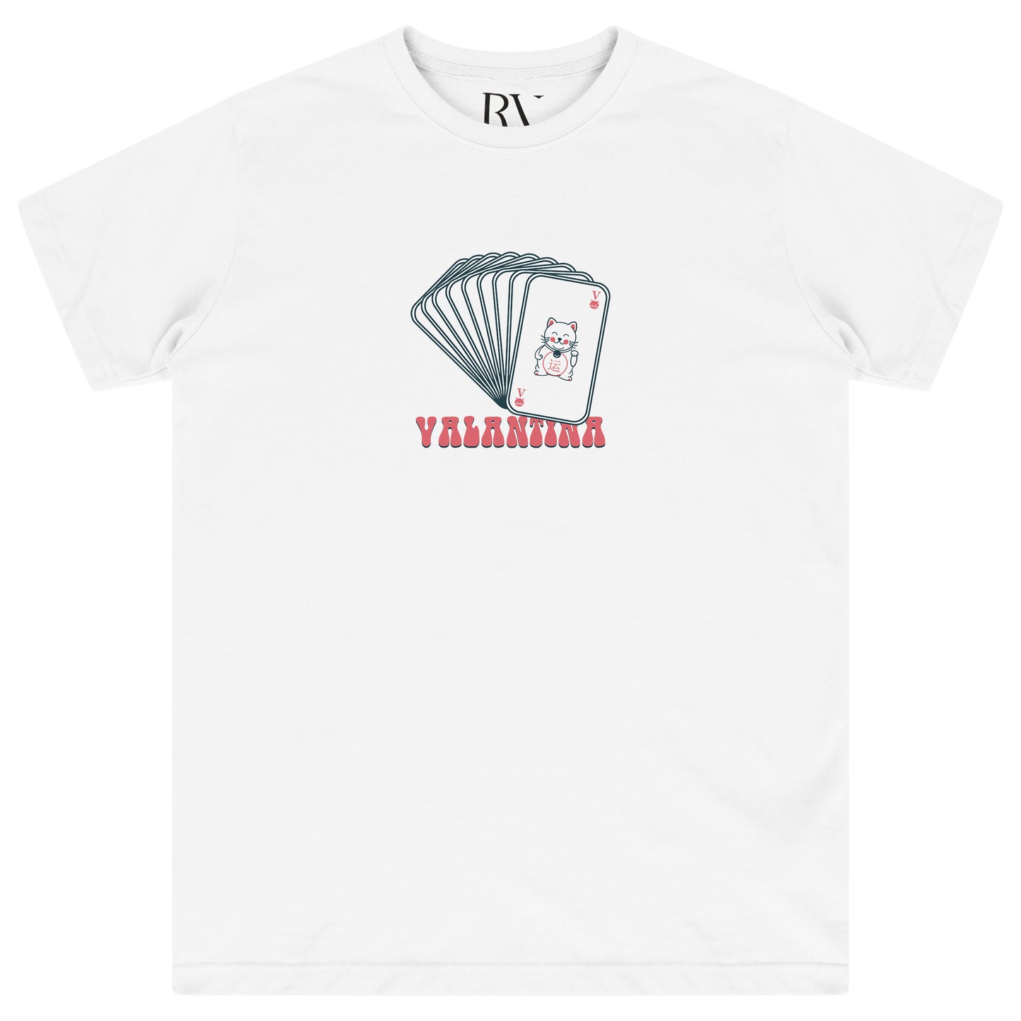 White oversized women’s T-shirt featuring a bold card-themed graphic printed prominently on the chest, with a classic round neckline and short sleeves.