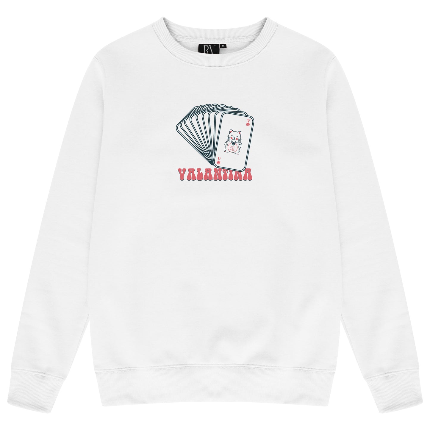 White oversized women’s sweatshirt featuring a bold multi-card inspired graphic print on the chest, classic crew neckline, and long ribbed sleeves.