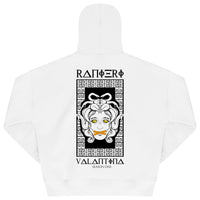 White oversized women’s hoodie with a clean front, adjustable drawstring hood, and ribbed cuffs and hem.