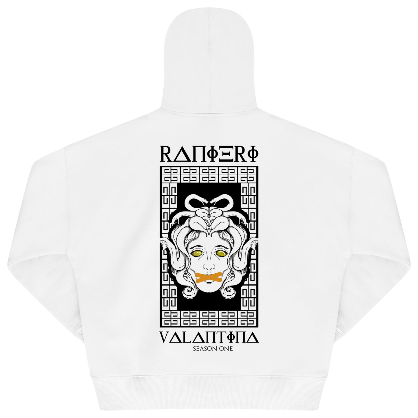 White oversized women’s hoodie with a clean front, adjustable drawstring hood, and ribbed cuffs and hem.
