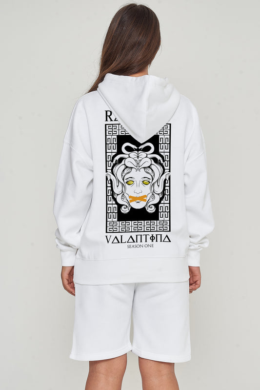 Woman wearing the Medusa Oversized Hoodie (white), styled with casual bottoms, highlighting the dramatic back graphic and comfortable, relaxed fit.