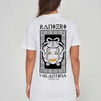 Woman wearing the white Medusa Oversized T-Shirt styled with casual bottoms, emphasizing the dramatic back graphic and comfortable oversized fit.