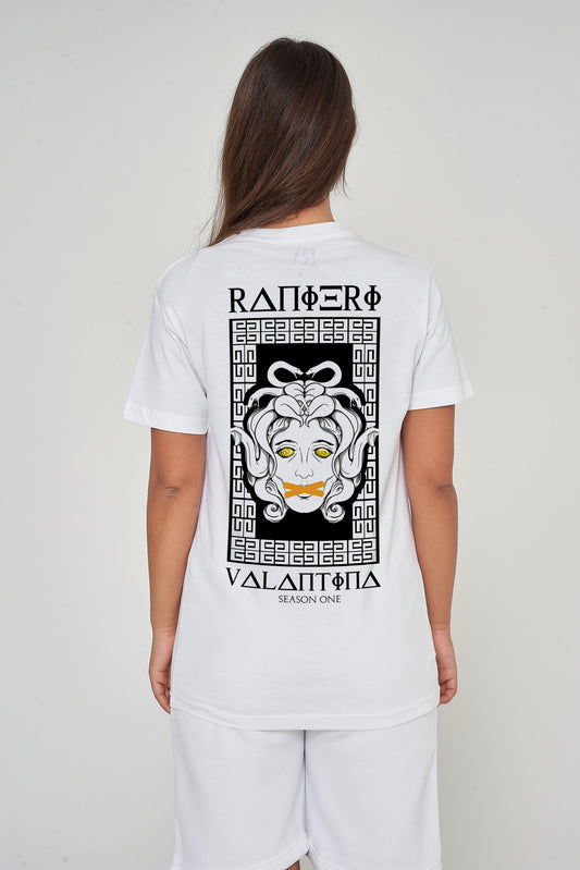 Woman wearing the white Medusa Oversized T-Shirt styled with casual bottoms, emphasizing the dramatic back graphic and comfortable oversized fit.