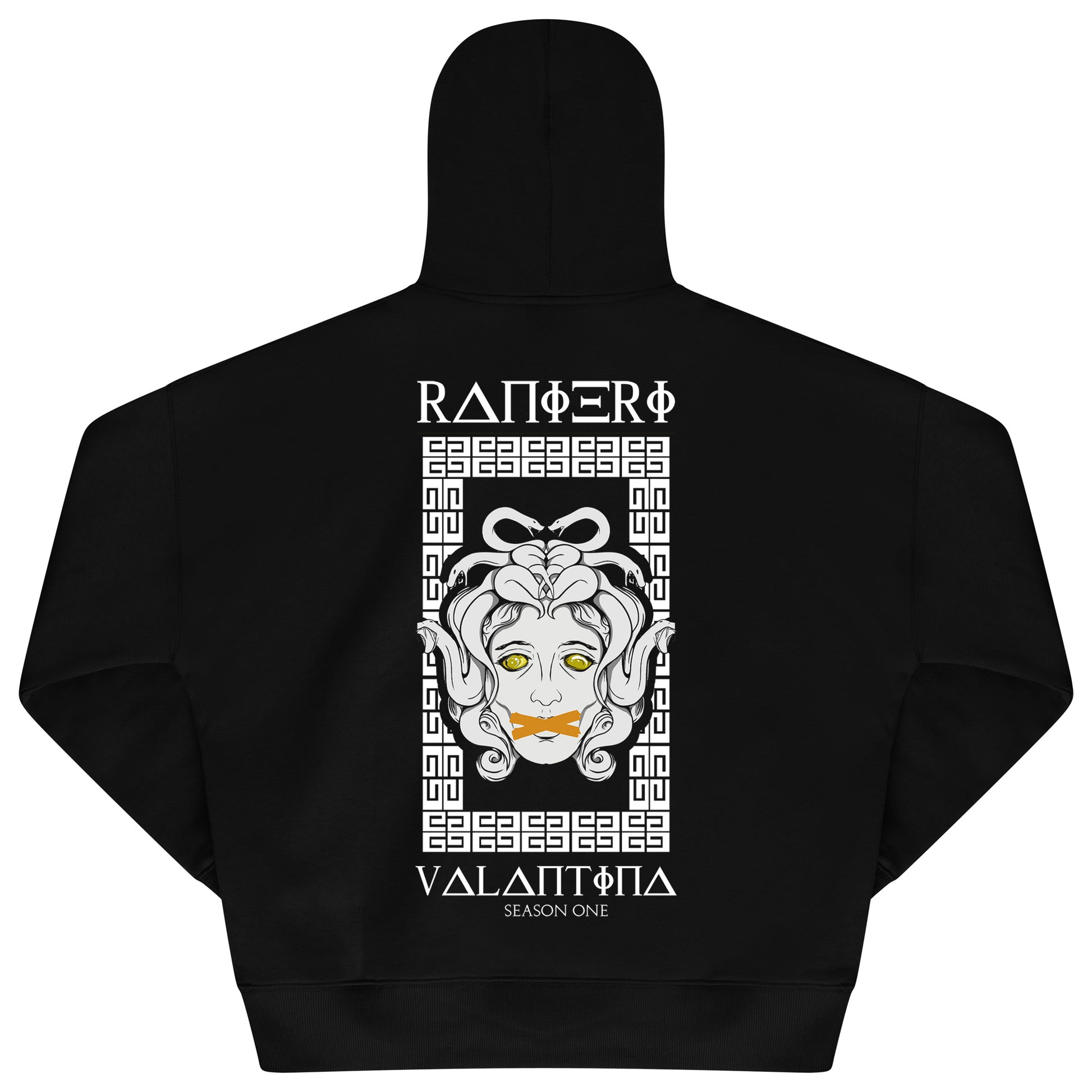 Back flat lay of men’s black Medusa Season One Oversized Hoodie featuring bold Medusa graphic – oversized fit.