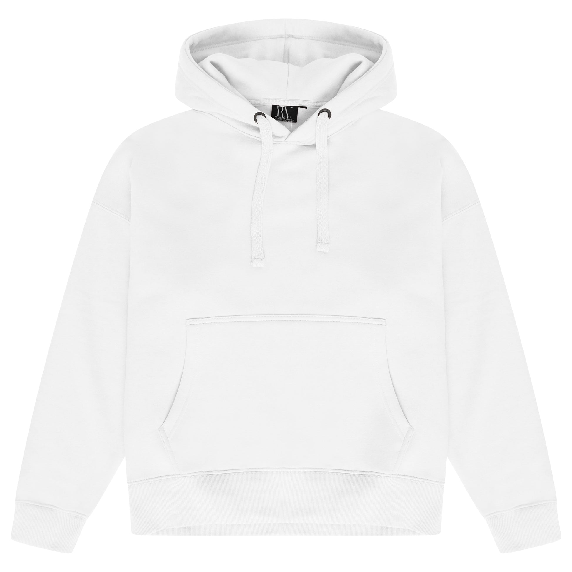 Front flat lay of men’s white Medusa Season One Oversized Hoodie with drawstring hood – oversized fit.