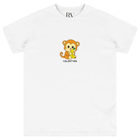 White oversized women’s T-shirt featuring a bold black monkey graphic printed prominently on the chest, classic round neckline, and short sleeves. 