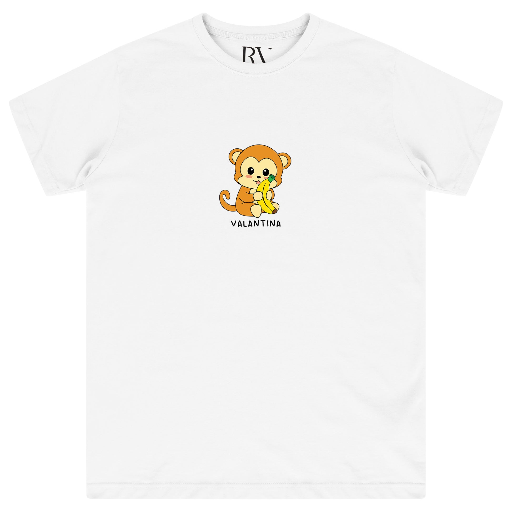 White oversized women’s T-shirt featuring a bold black monkey graphic printed prominently on the chest, classic round neckline, and short sleeves. 