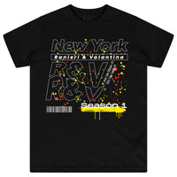 Black women’s oversized T-shirt featuring a bold white “New York” graphic printed prominently on the front, classic round neckline, and short sleeves.
