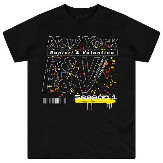 Black women’s oversized T-shirt featuring a bold white “New York” graphic printed prominently on the front, classic round neckline, and short sleeves.