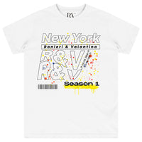 White oversized women’s T-shirt featuring a bold black NYC-inspired graphic printed centrally on the front, with a classic round neckline and short sleeves.